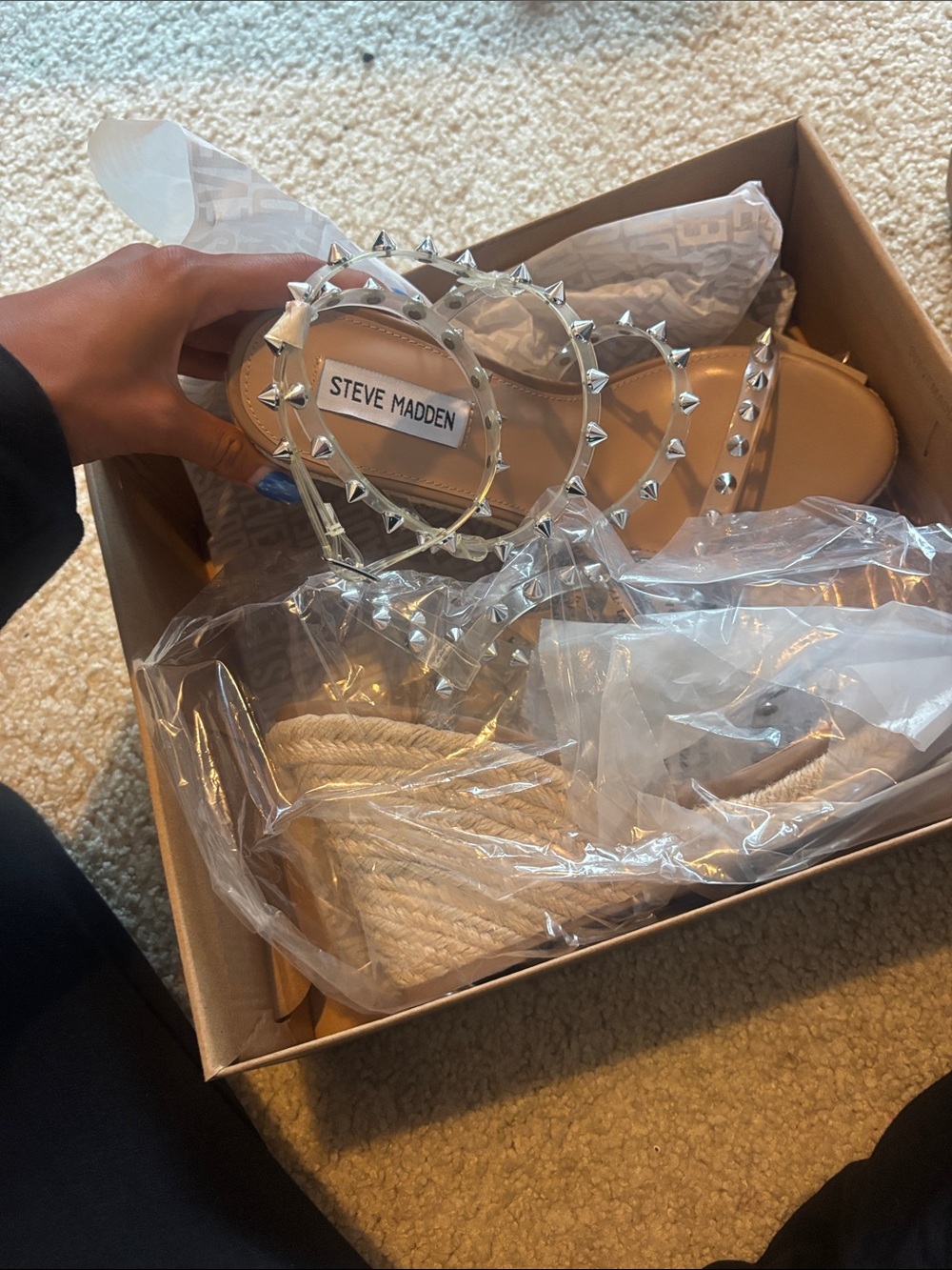 Steve Madden Natural Espadrille Wedge Sandals with Clear Studded Straps - Picture 2 of 5